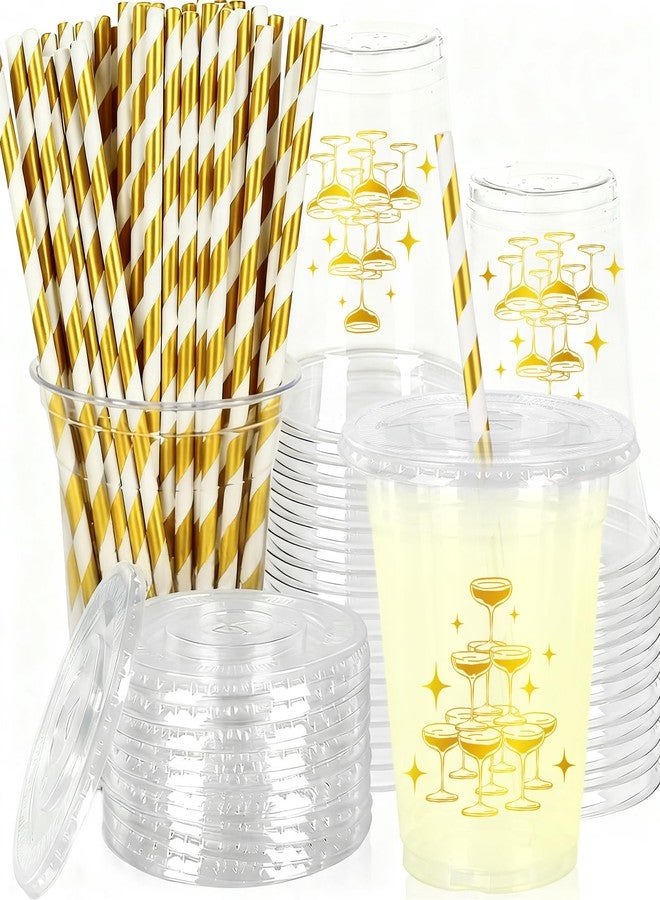 JarThenaAMCS أكواب بلاستيكية من JarThenaAMCS سعة 12 أونصة، 50 قطعة، مع أغطية وماصات ذهبية اللون، للاستخدام مرة واحدة، مثالية لحفلات أعياد الميلاد وحفلات توديع العزوبية. - Image 1